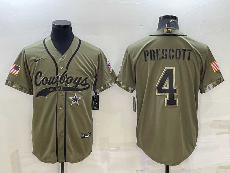 Mens Dallas Cowboys #4 Dak Prescott 2022 Olive Salute to Service Cool Base Stitched Baseball Jersey